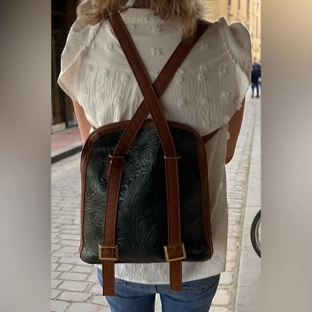 I Love Artesanal Embossed Faux Leather Backpack Forrest Green W Heart & Tassel